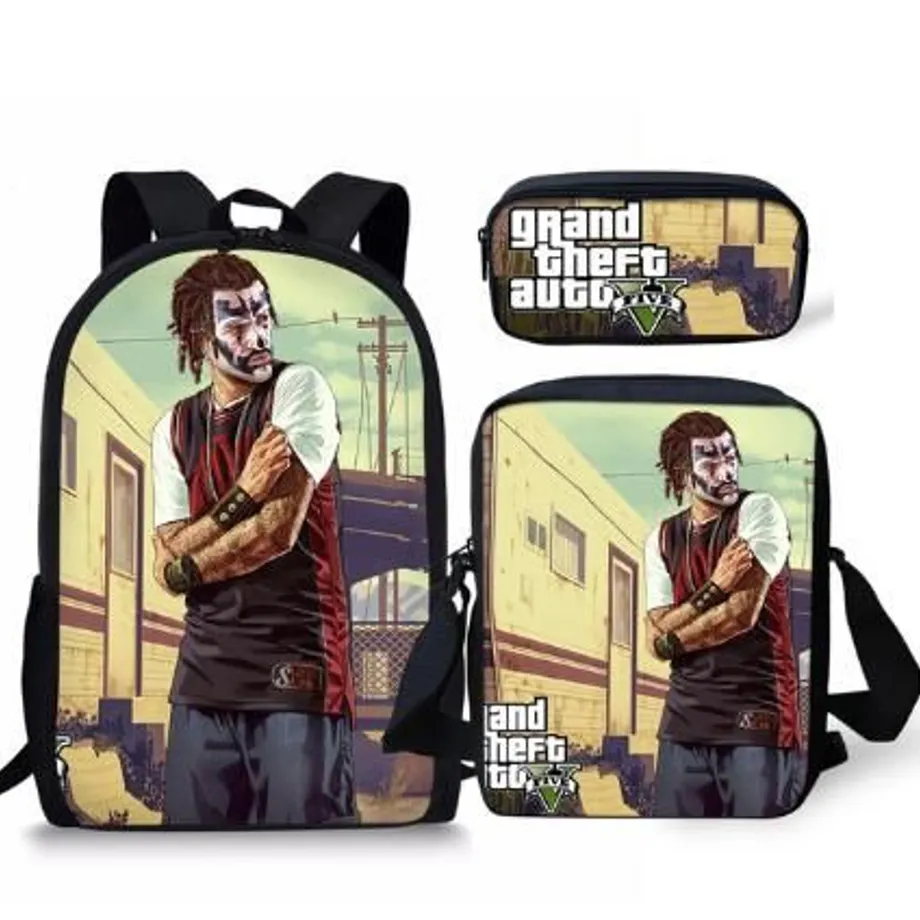 3ks/set školních tašek a penál s parádním potiskem Grand Theft Auto picture-color-7