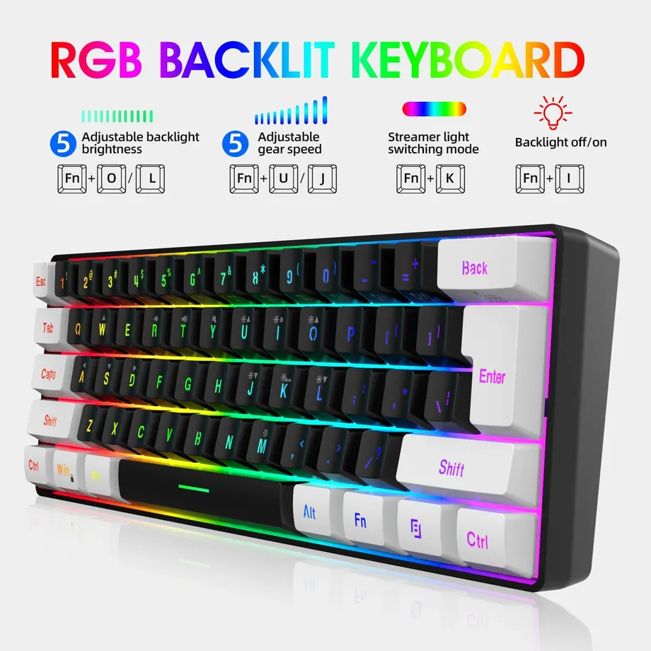 Kompaktní herní klávesnice 60% s RGB podsvícením - membránová, voděodolná, mini pro PC