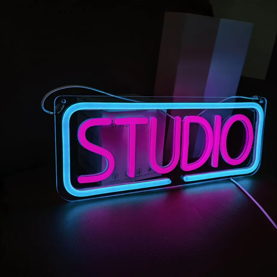 Neonová cedule Studio: LED písmena hudby, osvětlený bar, hudební studio, dekorace na zeď ložnice, párty, klub, garáž, domovní párty