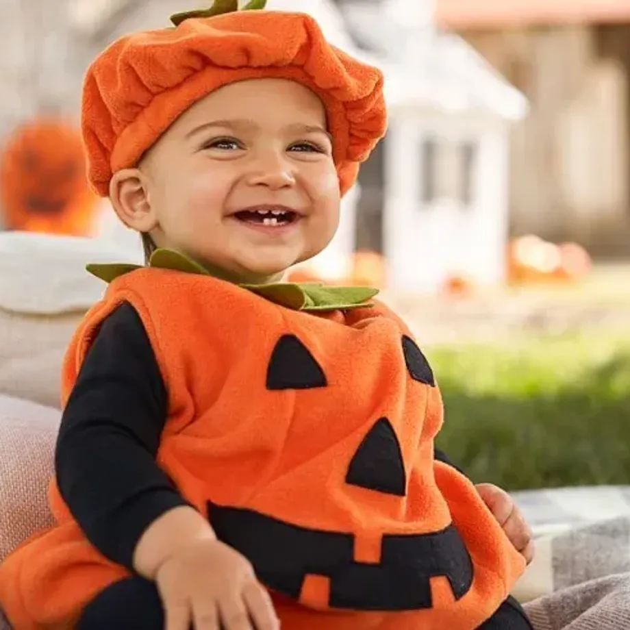 Dětský halloweenský kostým dýně s romperem a čepicí bez rukávů