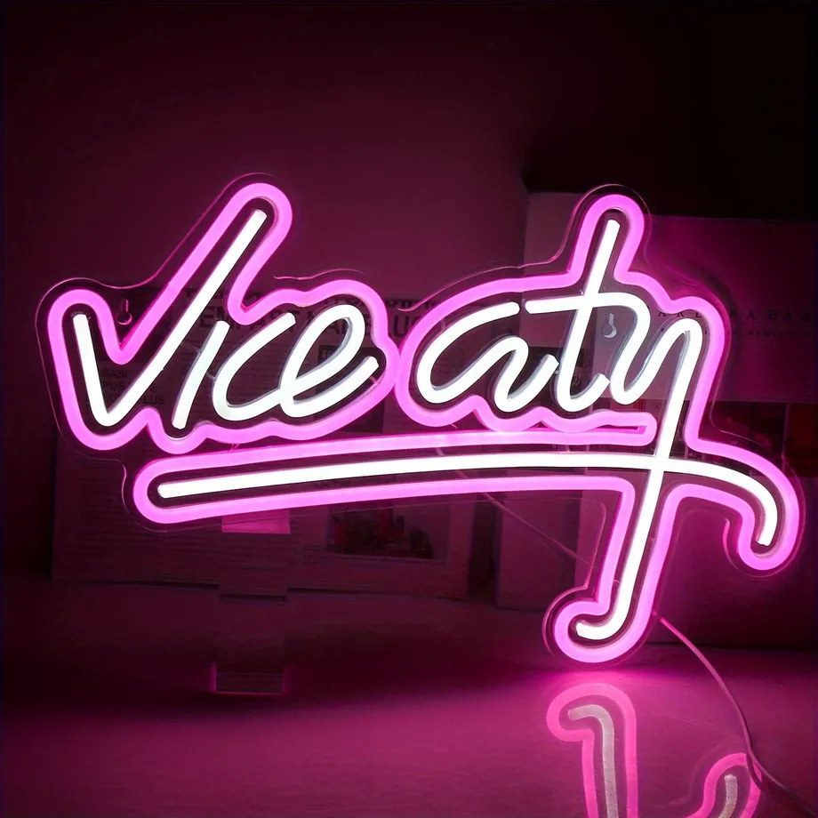 1ks Vice City Růžový Neonový Nápis, LED Neonová Světla Vice City Nápis Do Ložnice, Písmena Herní Místnost S Napájením Z USB Neonové Světlo, Vnitřní Domácí Pasáž Obchod Nástěnné Závěsné Lampy, Na Vánoce Valentýn Nový Rok Dekor