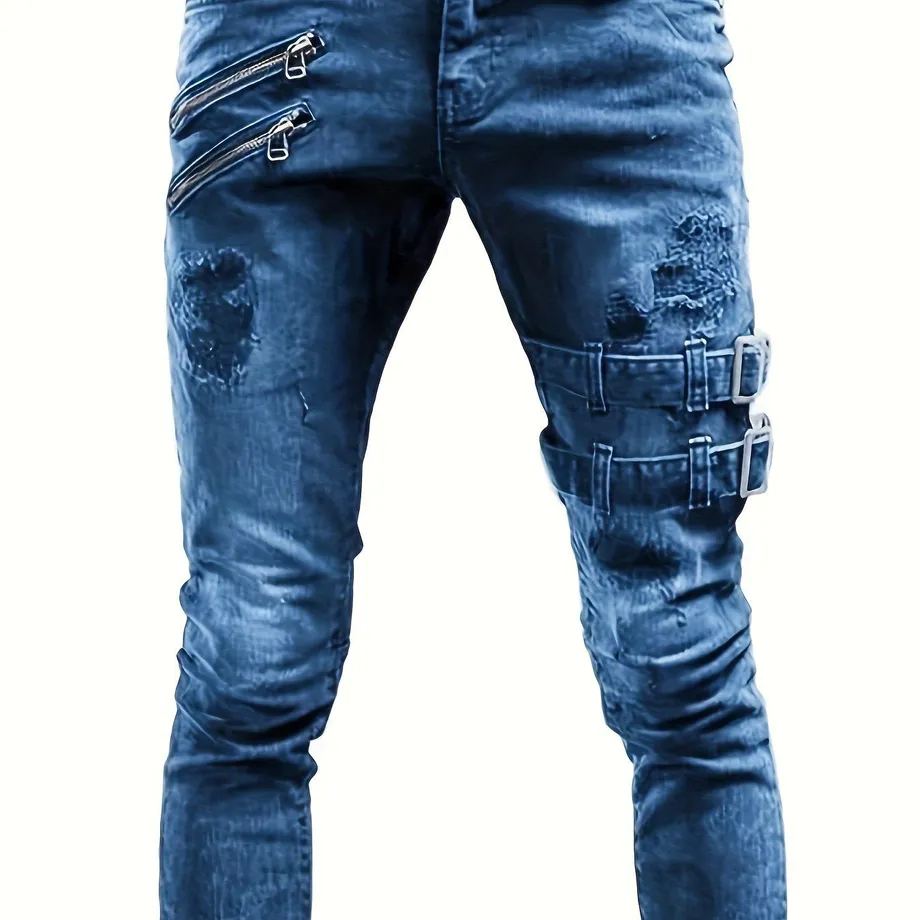 Pánské trhané motocyklové džíny slim fit, ležérní pouliční styl, elastický denim s odřeným vzhledem