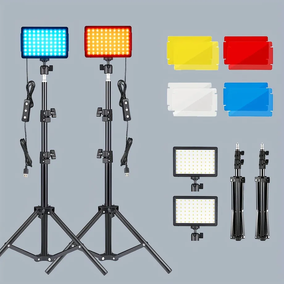 4x RGB LED studio světla s přenosným stojanem - nastavitelné barvy a filtry pro video, streamování, focení a hry