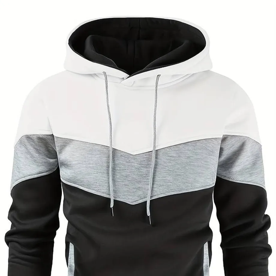 Barevný blokový pánský hoodie, stylová mikina s kapucí a grafickým motivem, streetwear, zimní, podzimní, dárek