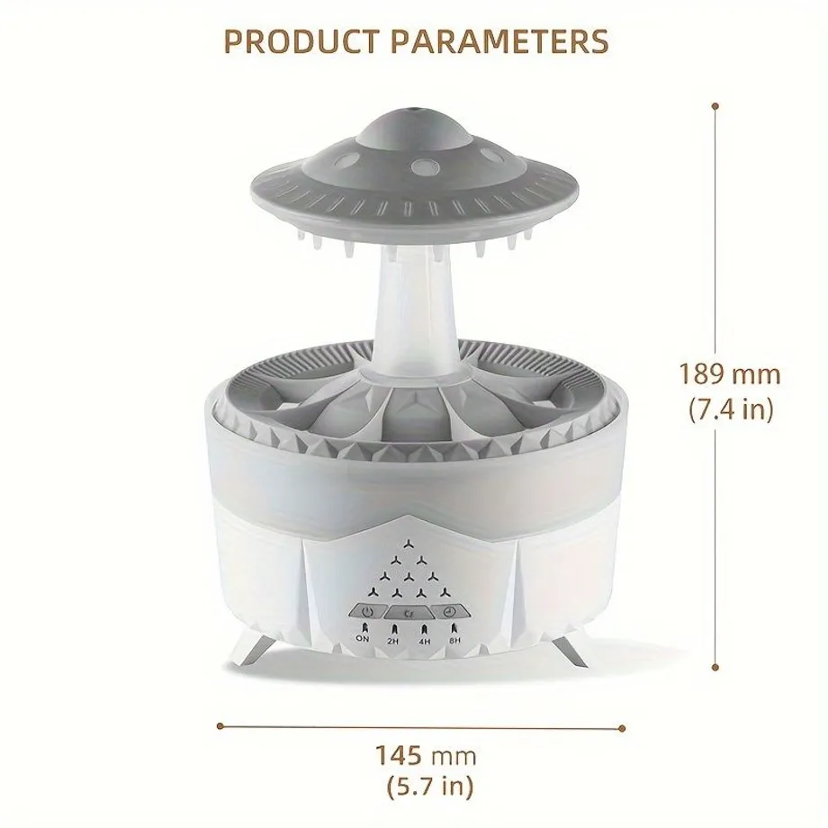 Zvlhčovač vzduchu s dešťovým mrakem a kapkami, difuzér, aroma lampa