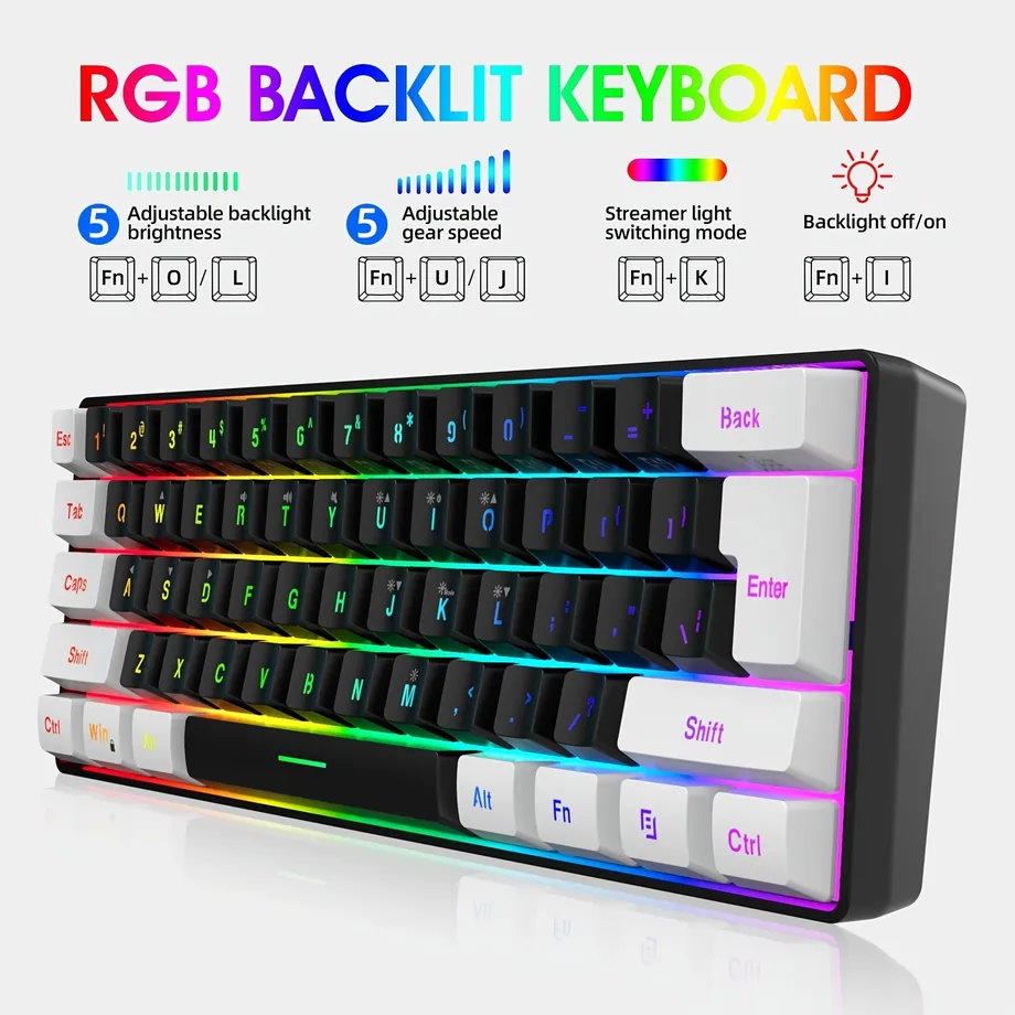 Kompaktní herní klávesnice 60% s RGB podsvícením - membránová, voděodolná, mini pro PC