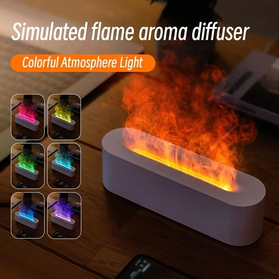 Zvlhčovač vzduchu s aroma difuzérem a 7 barevným LED osvětlením v imitaci plamene - USB napájení