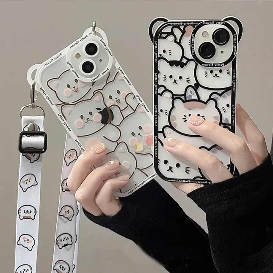 Silikonové transparentní pouzdro na telefony iPhone s motivy Cute Bear a popruhem na krk