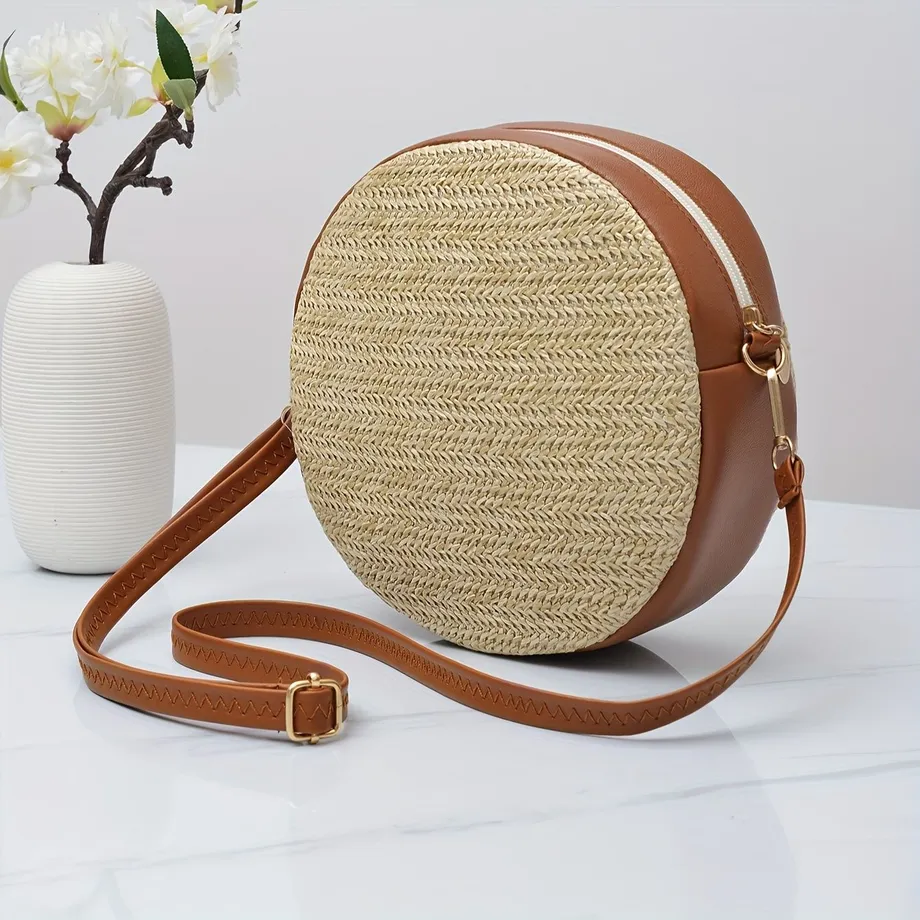 Kulatá slaměná crossbody kabelka, bohemian mini crossbody, módní kruhová kabelka pro ženy na cestování, piknik a pláž