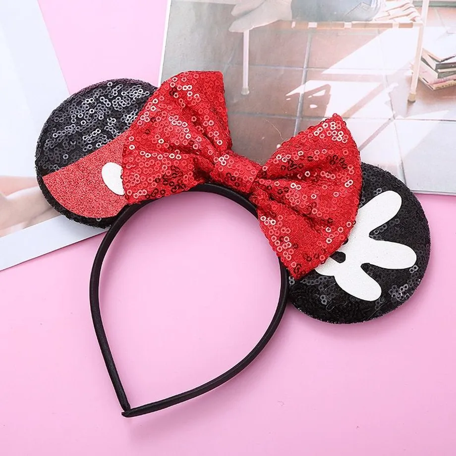 Dětská trendy flitrovaná čelenka s oušky v motivech Mickey a Minnie Mouse