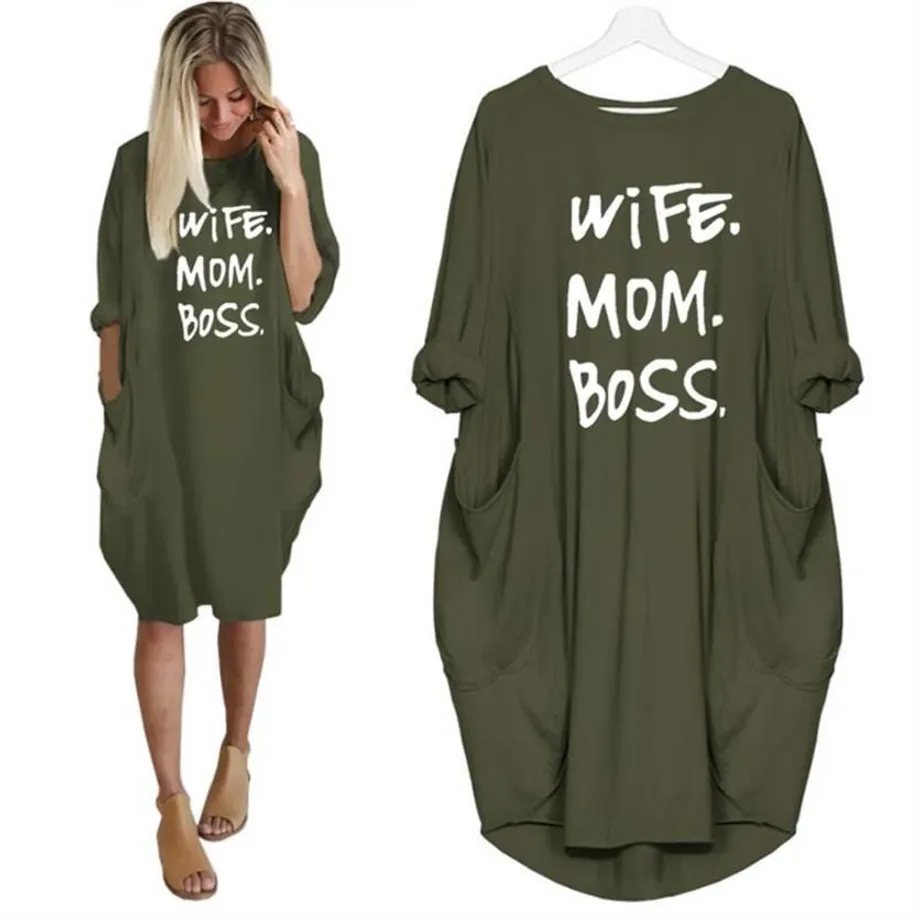 Stylové tričkové šaty WIFE MOM BOSS s army-green