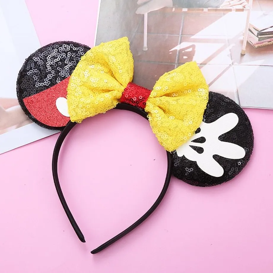 Dětská trendy flitrovaná čelenka s oušky v motivech Mickey a Minnie Mouse