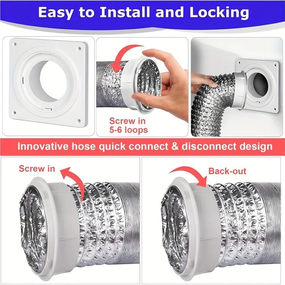 Sada Konektoru Hadice Odvětrávání Sušičky, Nástěnná Deska Větrání Sušičky S Hadicí (10,16 Cm 3,05 Metru), Konektor Kanálu Sušičky S Rychlým Připojením A Odpojením, Plocha Krytu 17,78 Cm X 17,78 Cm, Hodí Se 10,16 Cm, Do Koupelny S Pračkou Se Sušičkou