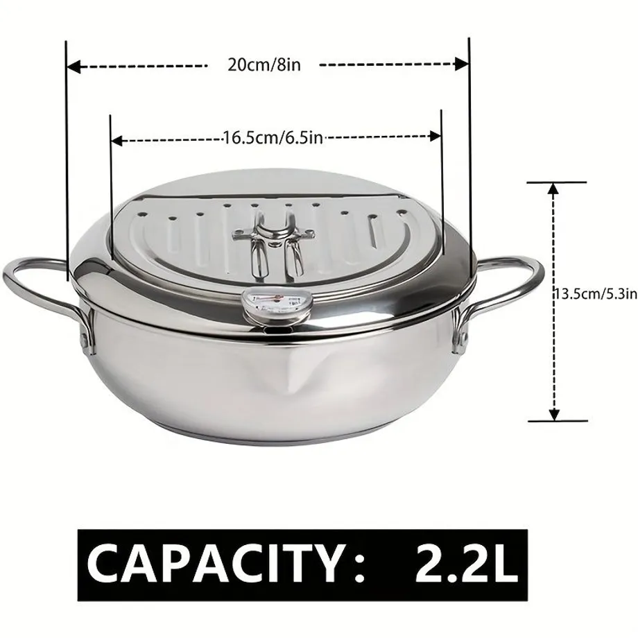 Hluboký fritovací hrnec s teploměrem a poklicí - nerezová ocel, japonský styl
