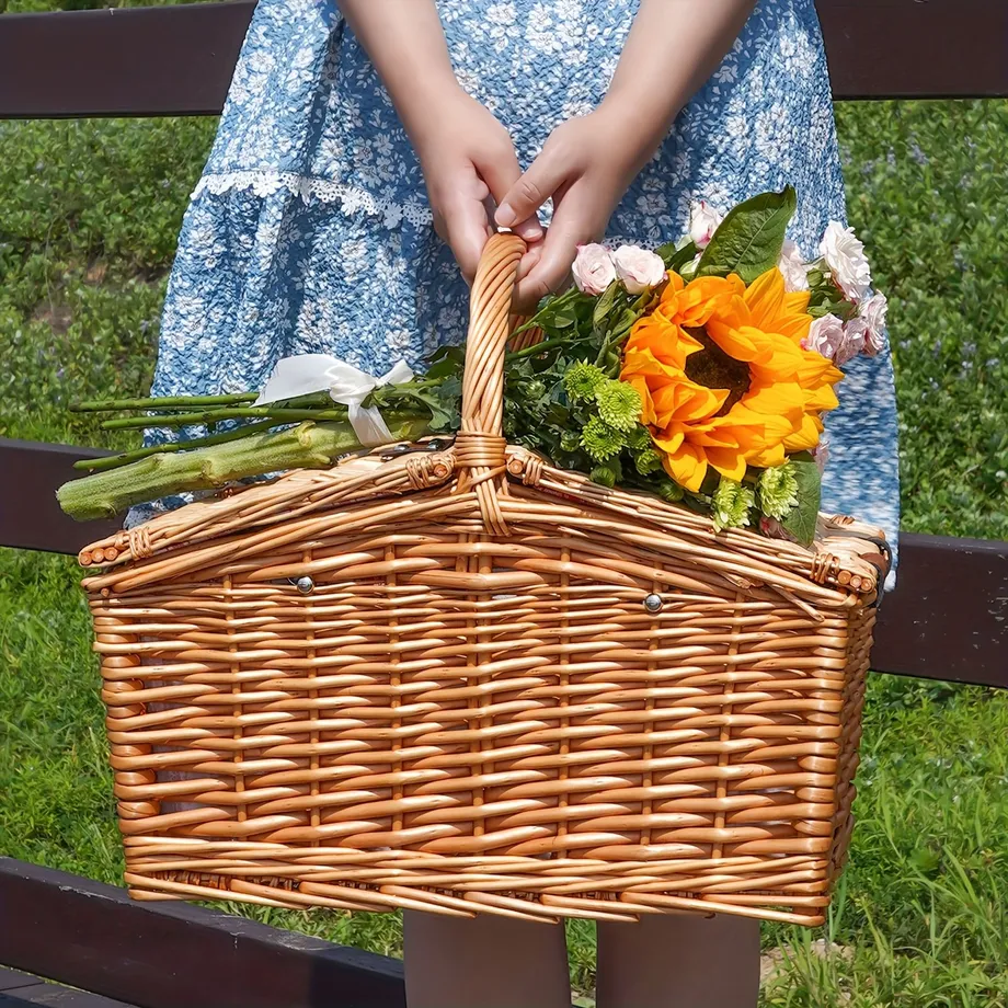 Sada Piknikového Koše Z Vrbového Proutí Pro 2 Osoby S Piknikovým Kobercem A Příborem