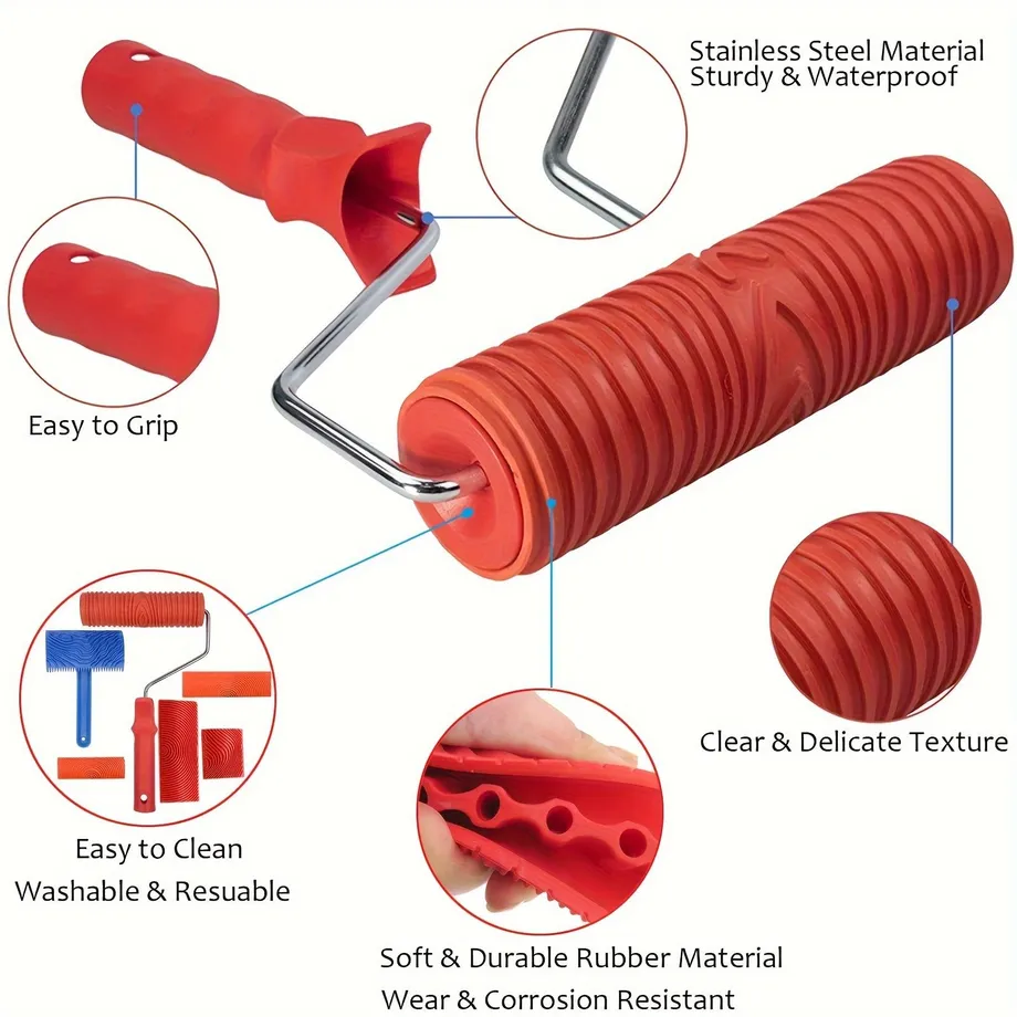 Sada 6 nástrojů pro imitaci dřeva - váleček a razítka pro dřevěný vzhled na stěnách, nábytku a dalších površích