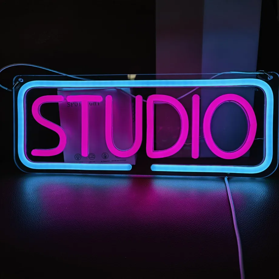 Neonová cedule Studio: LED písmena hudby, osvětlený bar, hudební studio, dekorace na zeď ložnice, párty, klub, garáž, domovní párty