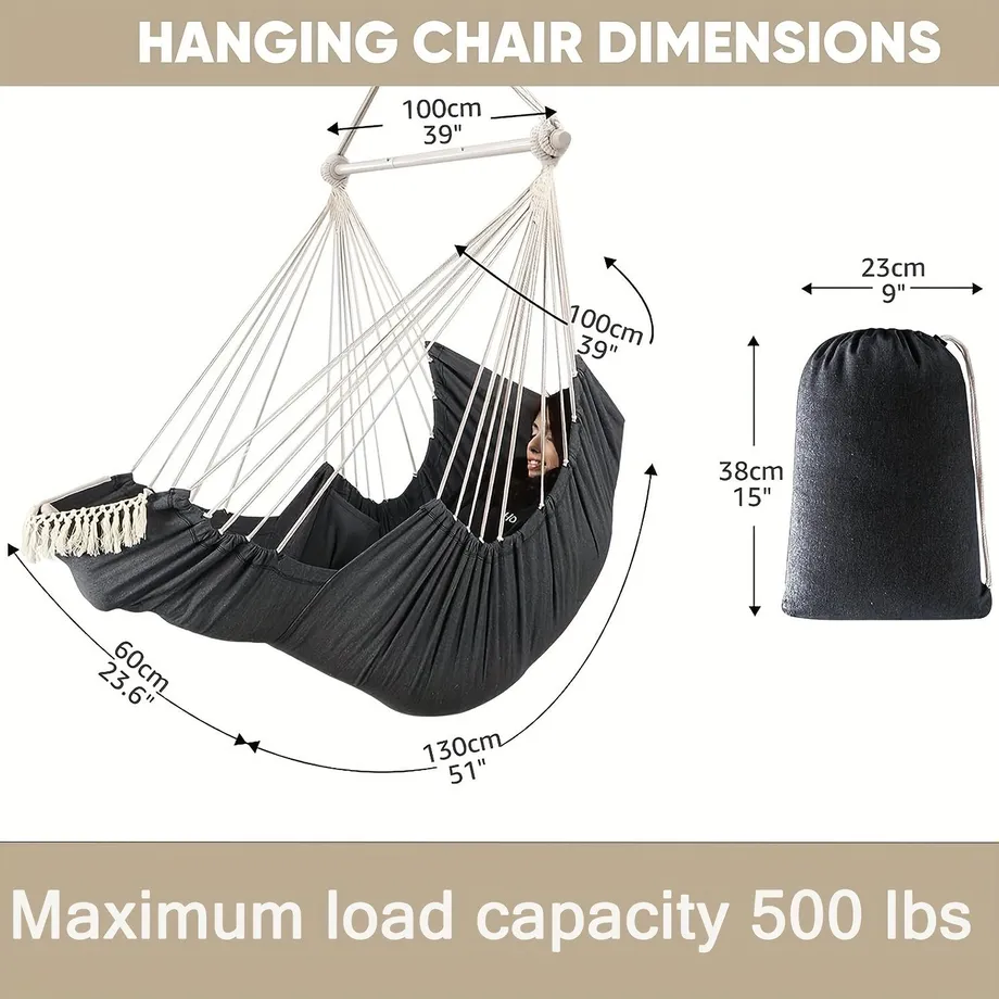 Hammock Chair Hanging Swing Foot Rest Cushions Suspension Included, Collapsible Metal Spreader Bar Pro Trvanlivost Snadné Uložení Měkké Bavlněné Tkaniny Visící Židle Boční Kapsa