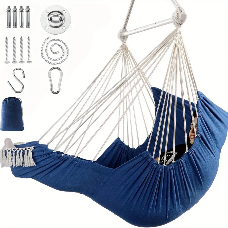 Hammock Chair Hanging Swing Foot Rest Cushions Suspension Included, Collapsible Metal Spreader Bar Pro Trvanlivost Snadné Uložení Měkké Bavlněné Tkaniny Visící Židle Boční Kapsa