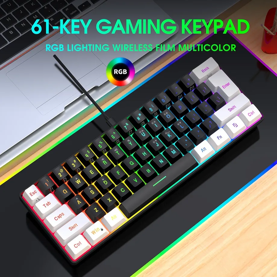 Kompaktní herní klávesnice 60% s RGB podsvícením - membránová, voděodolná, mini pro PC