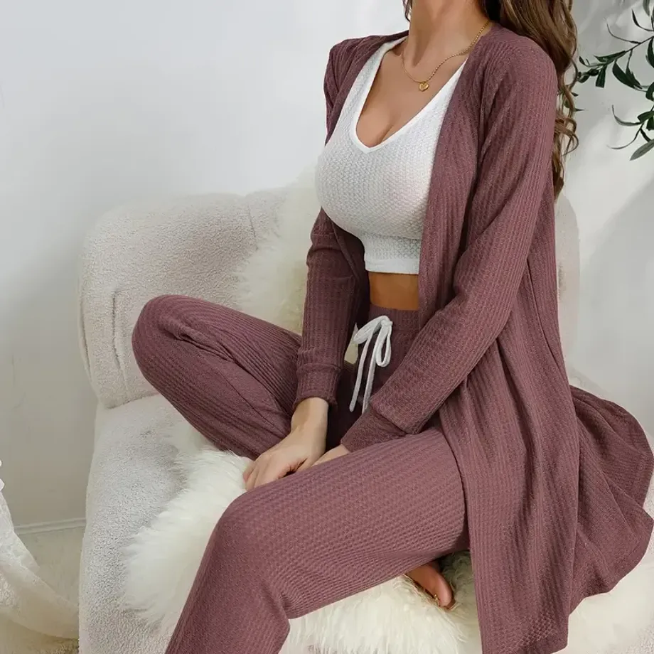 Dámský loungewear set Waffle Solid - dlouhý župan a V-výstřižené tílko - pohodlí u vás doma