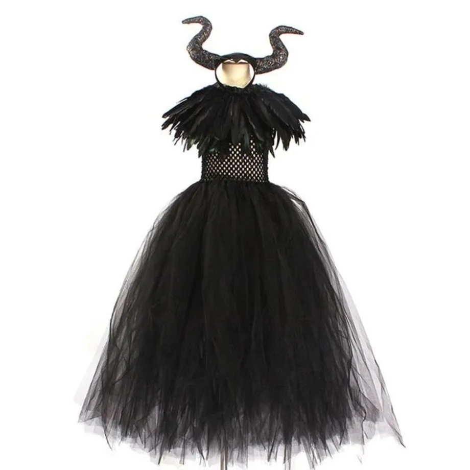 Dívčí Maleficent černý Halloween kostým s péřovou šálou a tutu sukní