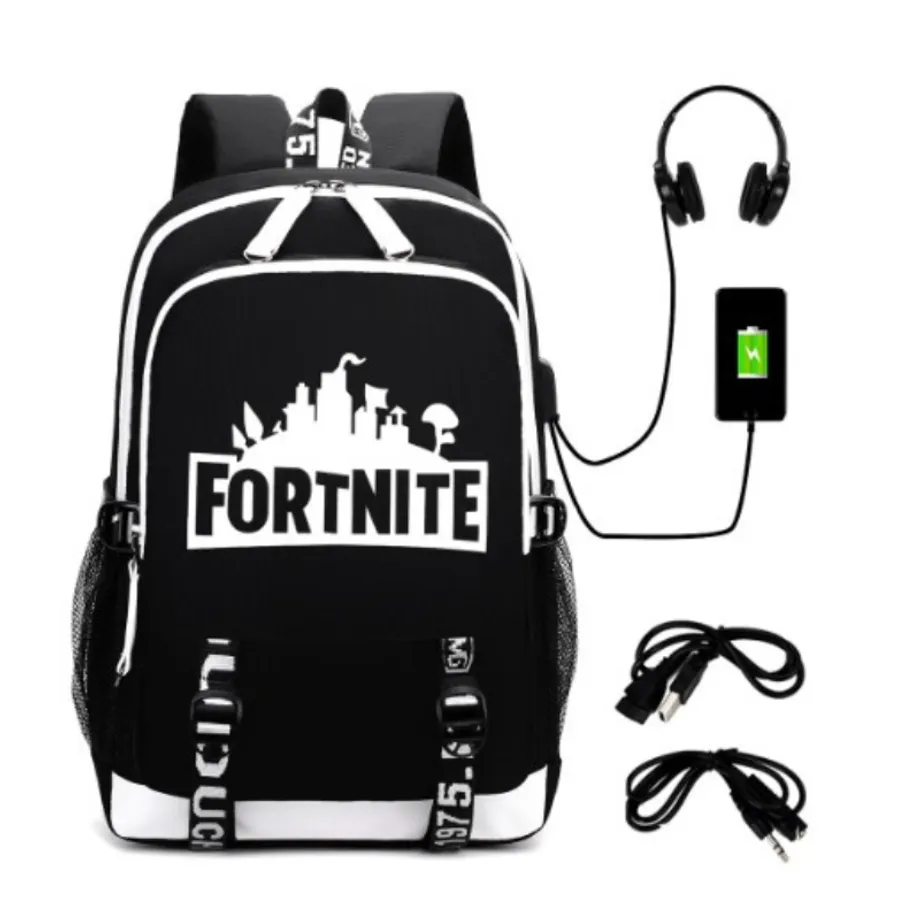 Školní batoh se vstupem pro USB a sluchátka s potiskem Fortnite