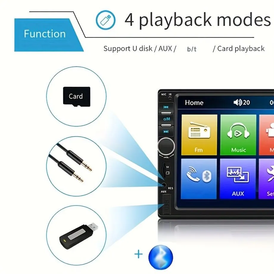 Autorádio s dotykovým displejem a dvojitým otočným mechanismem & zadní kamera, USB, AUX, FM, dálkové ovládání a přehrávač MP4