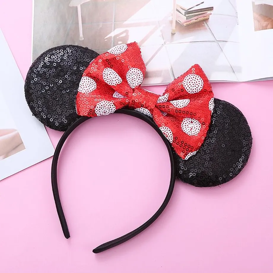 Dětská trendy flitrovaná čelenka s oušky v motivech Mickey a Minnie Mouse