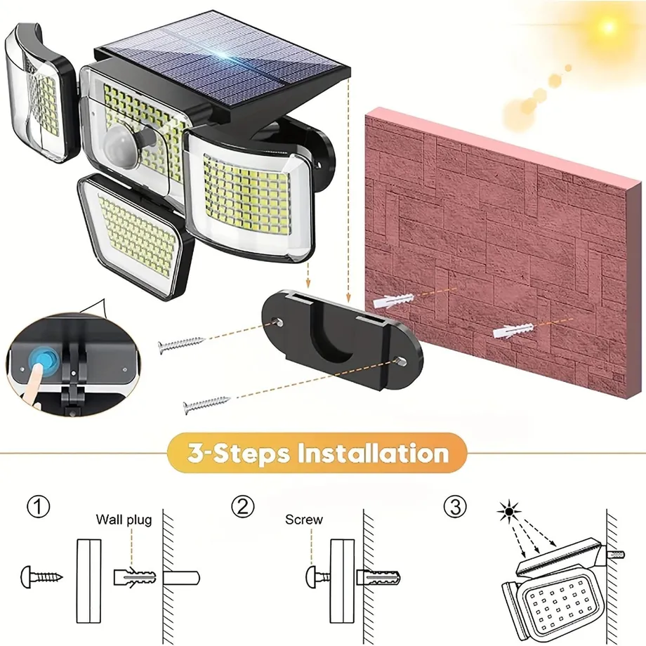 Venkovní solární světlo s detektorem pohybu, 278 LED, 3000 lm, 6500 K, 4 hlavy, IP65 vodotěsné, 300° široký úhel s 3 režimy