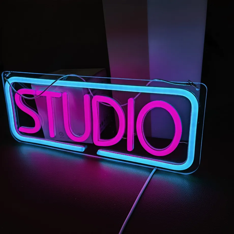 Neonová cedule Studio: LED písmena hudby, osvětlený bar, hudební studio, dekorace na zeď ložnice, párty, klub, garáž, domovní párty