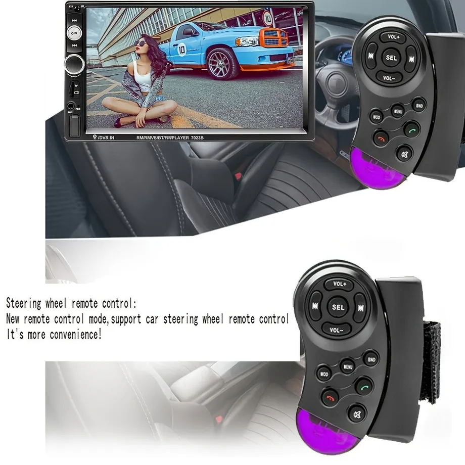 Automobilový multimediální přehrávač 1080P Full HD s FM rádiem, zrcadlením telefonu, podporou couvací kamery, dálkovým ovládáním a AUX audio.