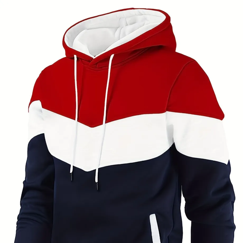 Barevný blokový pánský hoodie, stylová mikina s kapucí a grafickým motivem, streetwear, zimní, podzimní, dárek