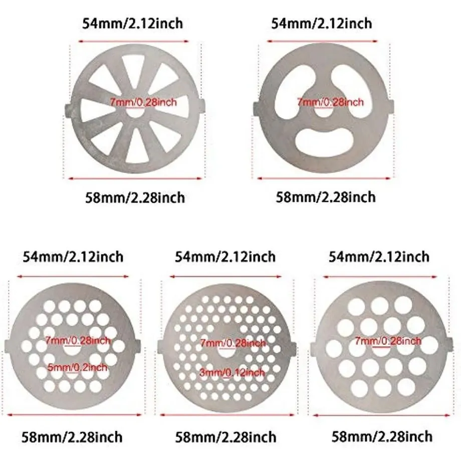 Náhradní nerezové nástavce na mlýnek na maso 9 ks, vhodné pro kuchyňský robot a mlýnek na maso velikosti 5, kuchyňské potřeby