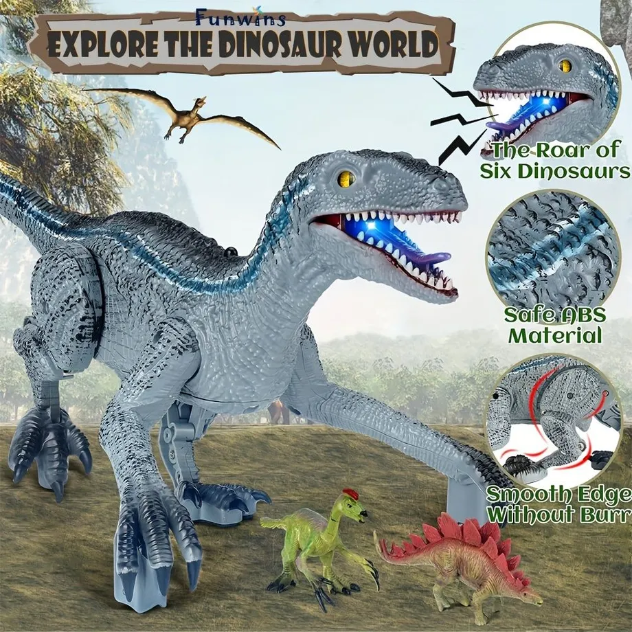 RC chodící a řvoucí dinosaurus, elektronická hračka s dálkovým ovládáním, Jurský Raptor s LED světlem a 6 zvuky - Hračka pro děti