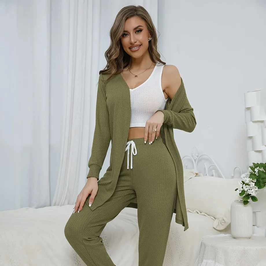 Dámský loungewear set Waffle Solid - dlouhý župan a V-výstřižené tílko - pohodlí u vás doma