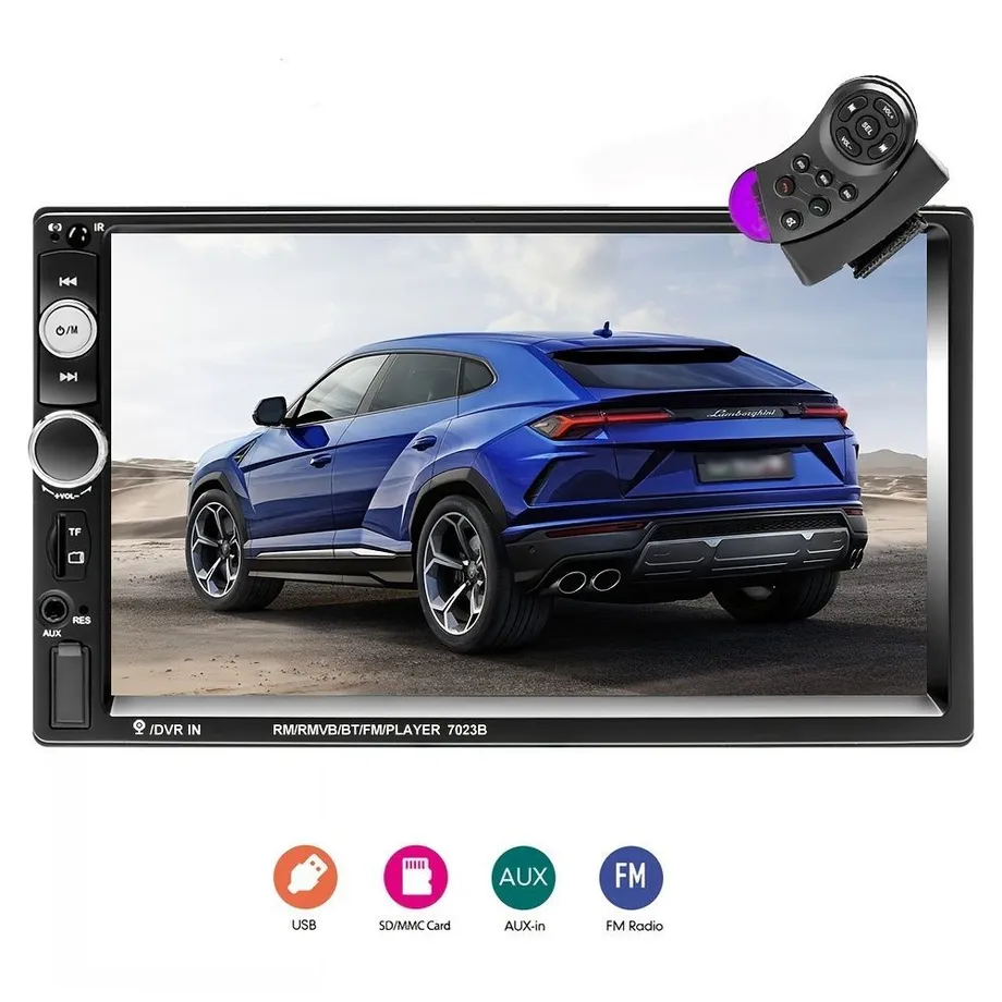 Automobilový multimediální přehrávač 1080P Full HD s FM rádiem, zrcadlením telefonu, podporou couvací kamery, dálkovým ovládáním a AUX audio.