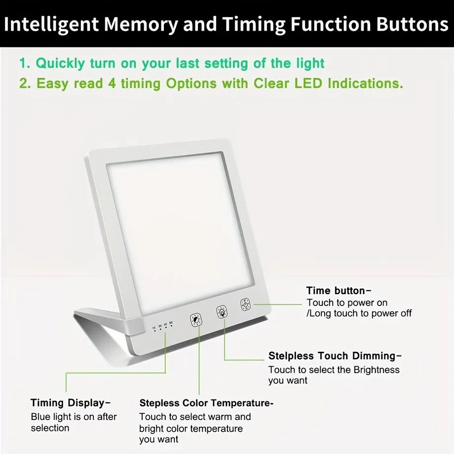 1ks světlo pro světelnou terapii s funkcí časování, 10000 lux superjasná LED, dotykově nastavitelná teplota barev a jas pro léčbu sezónních emocionálních poruch a deprese