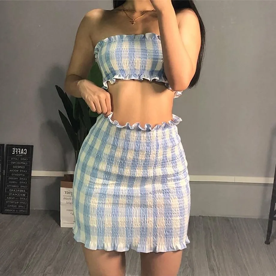 Kostkovaný kostkovaný Crop Tube Top + mini sukně Suit