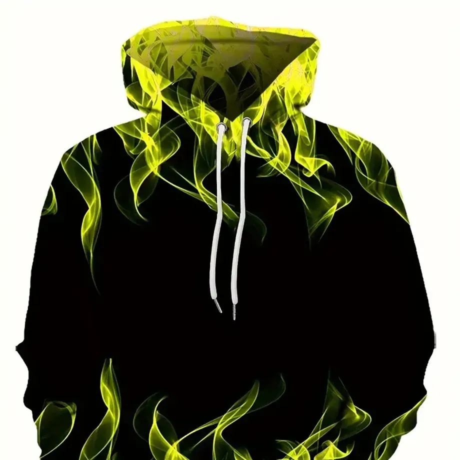 Pánská kreativní mikina s kapucí a kapsou klokánka, ohnivý potisk, streetwear, grafický design