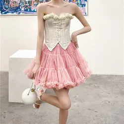 Pastelově růžová balerína tylu Tutu Tutu sukně Puffy Ruffle vrstvené Lolita spodnička Underskirt