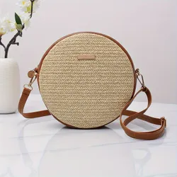 Kulatá slaměná crossbody kabelka, bohemian mini crossbody, módní kruhová kabelka pro ženy na cestování, piknik a pláž